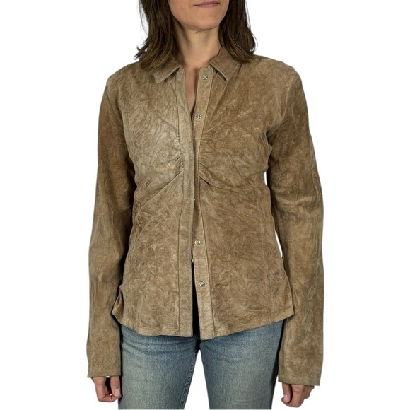 SUTTON STUDIO SUEDE LEATHER RUCHED COLLARED WESTERN SHIRT JACKET SHACKET - Picture 1 of 15